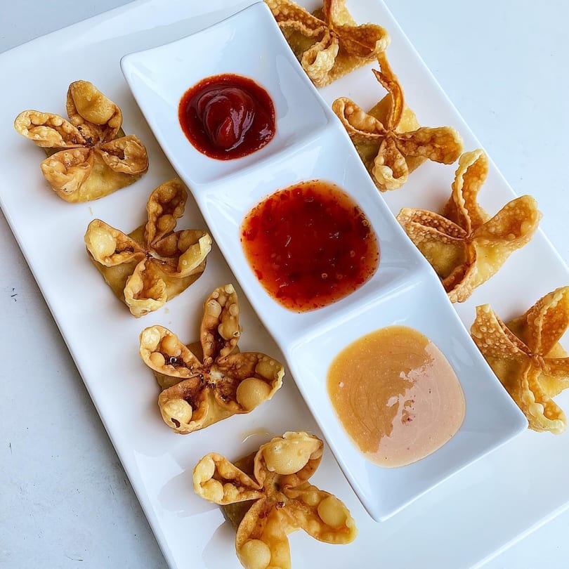 Crispy crab rangoons arranged on a white platter with three dipping sauces.